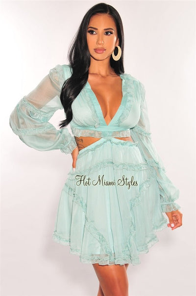 Mint Ruffle Cut Out Lace Up Long Sleeves Dress - Hot Miami Styles