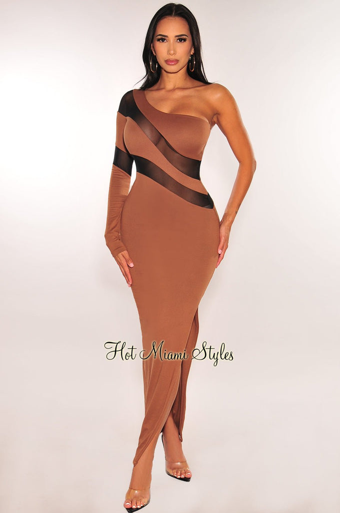 Mocha Black Mesh One Sleeve Slit Midi Dress - Hot Miami Styles Large Mocha Black Mesh One Sleeve Slit Midi Dress - Hot Miami Styles Large