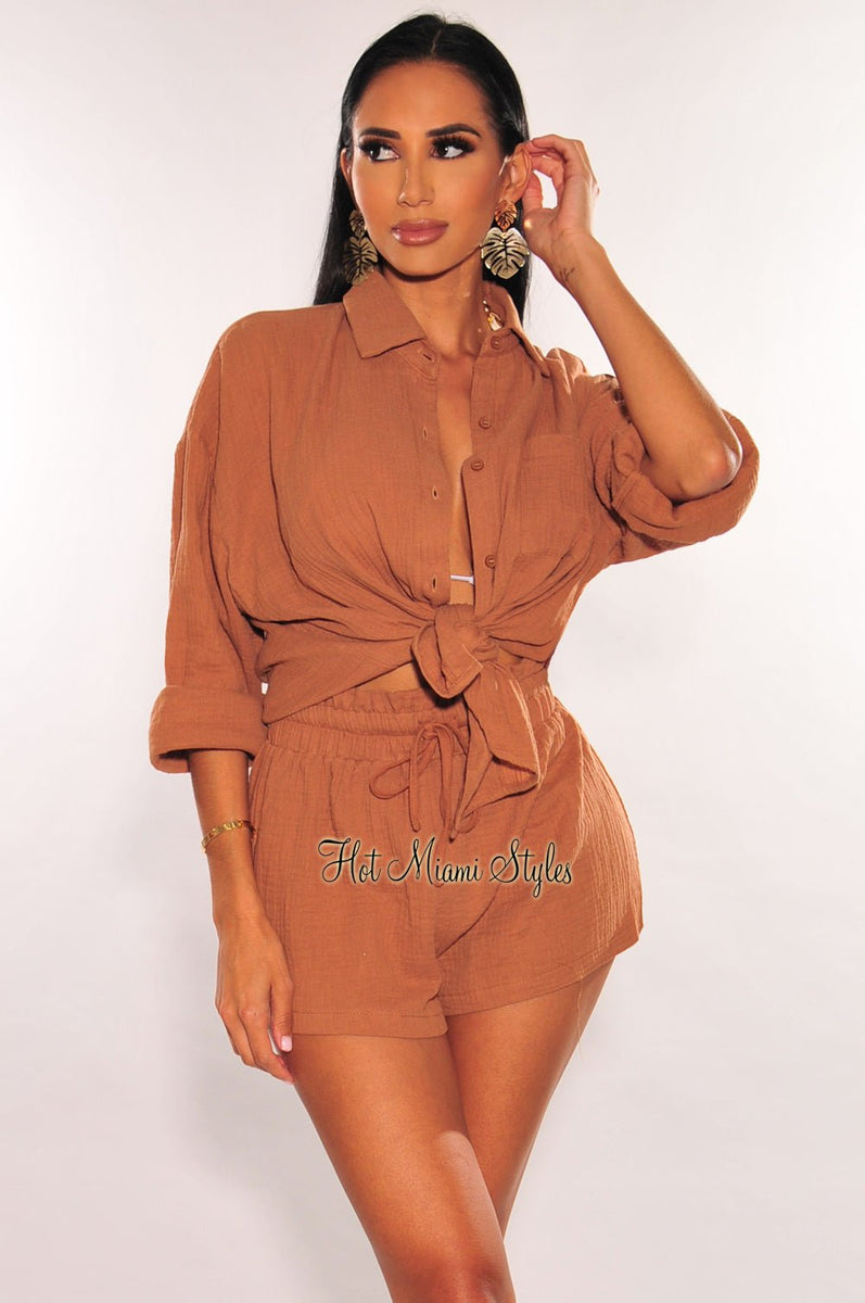 Mocha Collared Button Up Long Sleeve Shorts Two Piece Set - Hot Miami ...