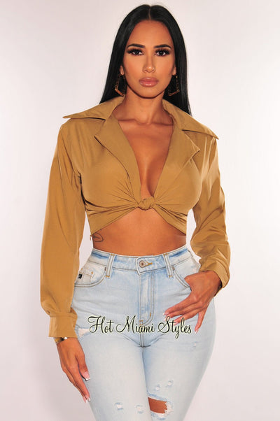 Mocha Collared Long Sleeves Knotted Crop Top - Hot Miami Styles