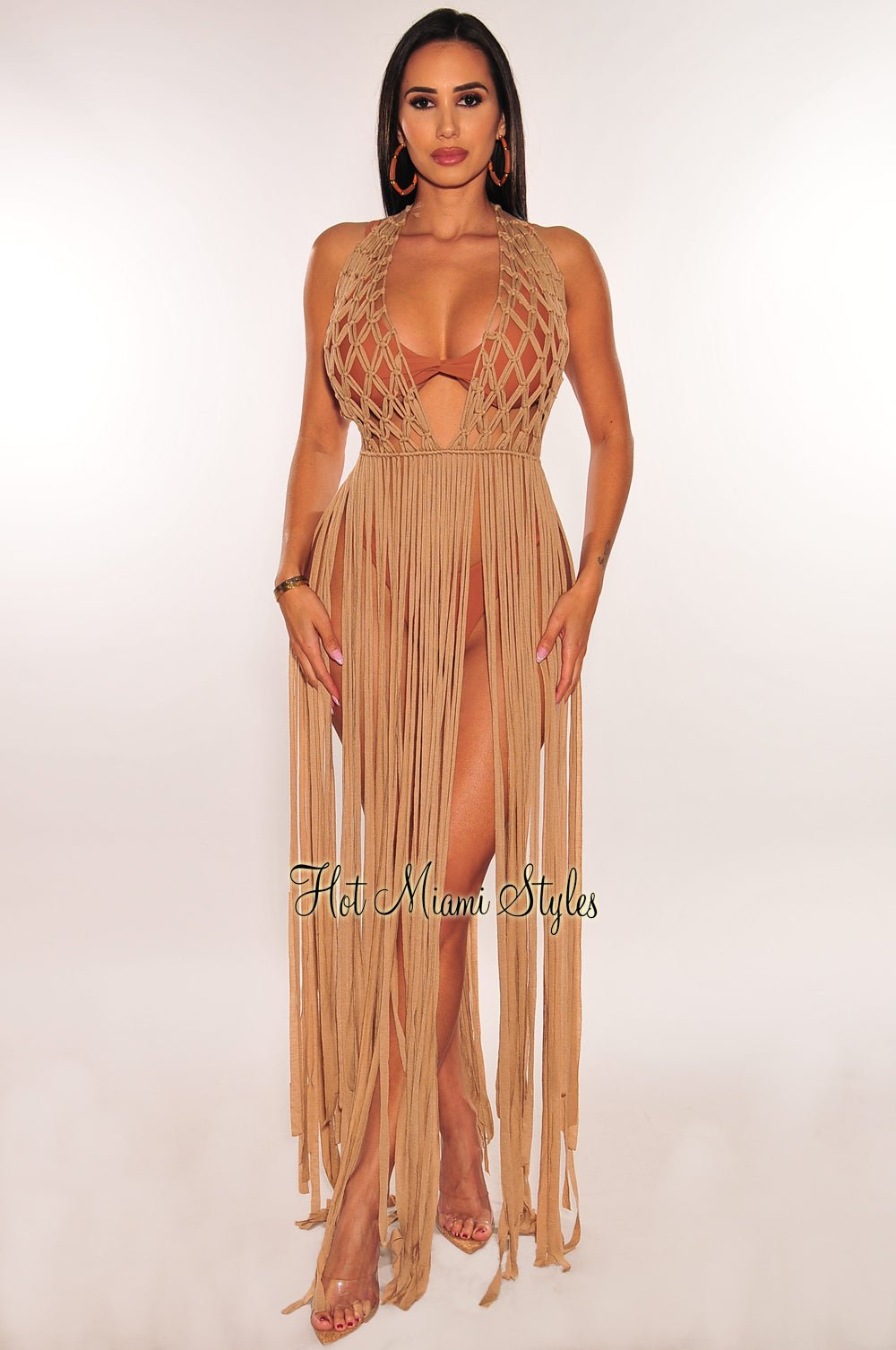 LOVESENSE Mocha Crochet Halter Fringe Cover Up Dress M L