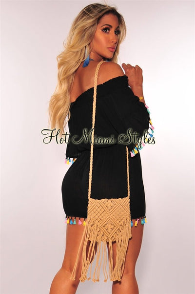 Mocha Embroidered Crochet Macrame Crossbody Bag - Hot Miami Styles