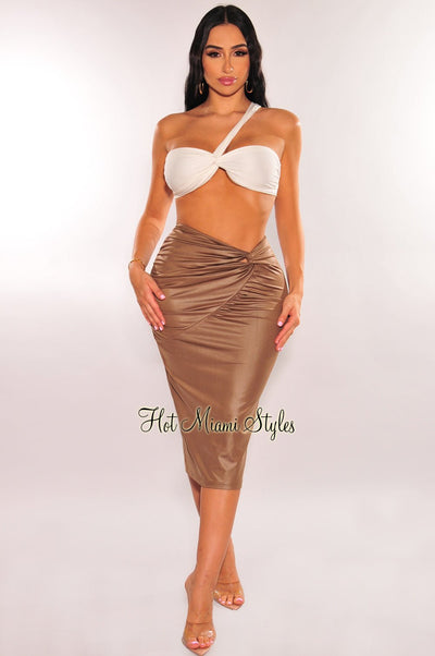 Mocha Faux Leather Knotted Ruched Skirt - Hot Miami Styles