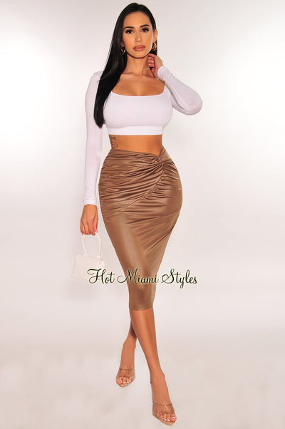 Mocha Faux Leather Knotted Ruched Skirt - Hot Miami Styles