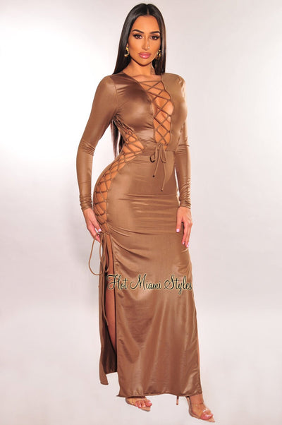 Mocha Faux Leather Lace Up Cut Out Double Slit Long Sleeve Dress - Hot Miami Styles