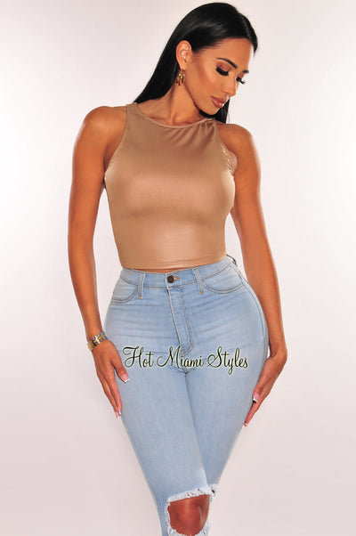 Mocha Faux Leather Round Neck Sleeveless Crop Top - Hot Miami Styles