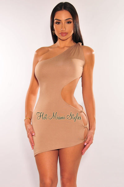 Mocha Knotted One Shoulder Button Cut Out Asymmetrical Dress - Hot Miami Styles