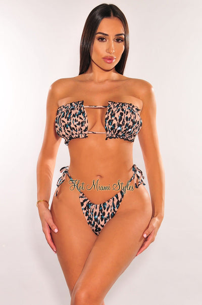 Mocha Leopard Print Ruched Bust Frill Padded Bandeau Bikini - Hot Miami Styles