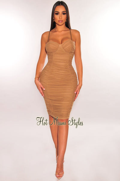 Mocha Mesh Spaghetti Straps Padded Ruched Dress - Hot Miami Styles