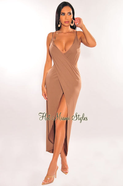 Mocha Overlay Wrap Around Open Back Cover Up Dress - Hot Miami Styles