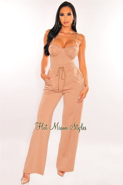 Mocha Padded Bustier Bodysuit Drawstring Palazzo Pants Two Piece Set - Hot Miami Styles