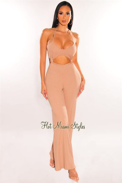Mocha Ribbed Halter Knotted Cut Out Palazzo Jumpsuit - Hot Miami Styles