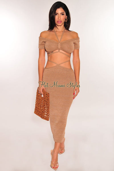 Mocha Ribbed Knit Halter Off Shoulder Wrap Around Slit Skirt Two Piece Set - Hot Miami Styles