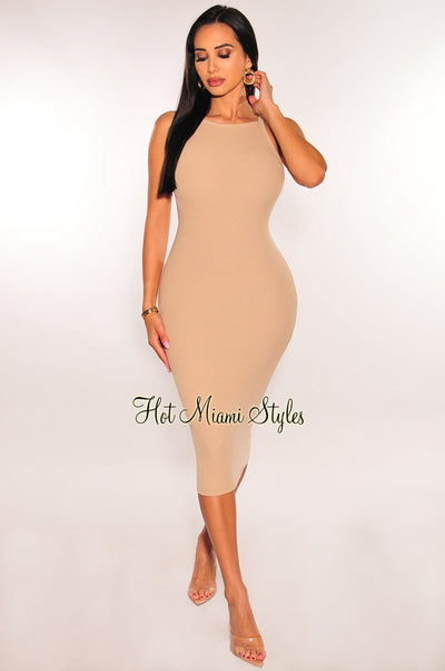 Mocha Ribbed Knit Racerback Cut Out Bodycon Dress - Hot Miami Styles