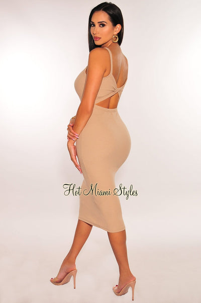 Mocha Ribbed Knit Racerback Cut Out Bodycon Dress - Hot Miami Styles