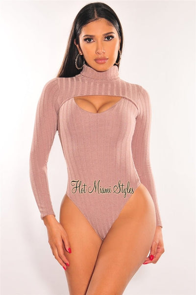 Mocha Ribbed Knit Turtleneck Long Sleeve Cut Out Bodysuit - Hot Miami Styles