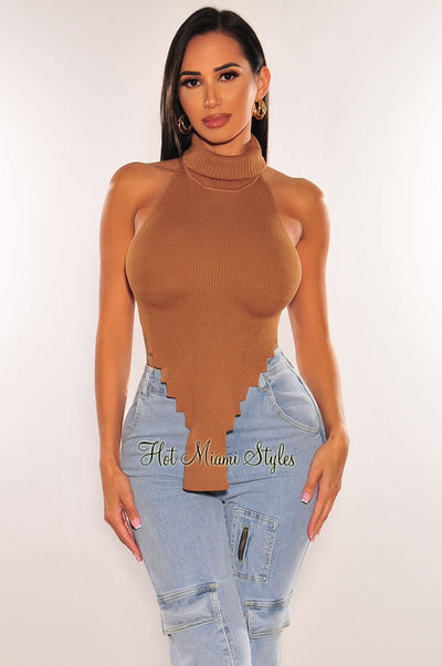 Mocha Ribbed Knit TurtleNeck Sleeveless Asymmetrical Crop Top - Hot Miami Styles