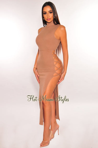 Mocha Ribbed Mock Neck Lace Up Double Side Slit Dress - Hot Miami Styles