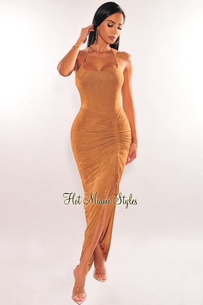 Mocha Ribbed Shimmery Halter Drawstring Slit Maxi Dress - Hot Miami Styles
