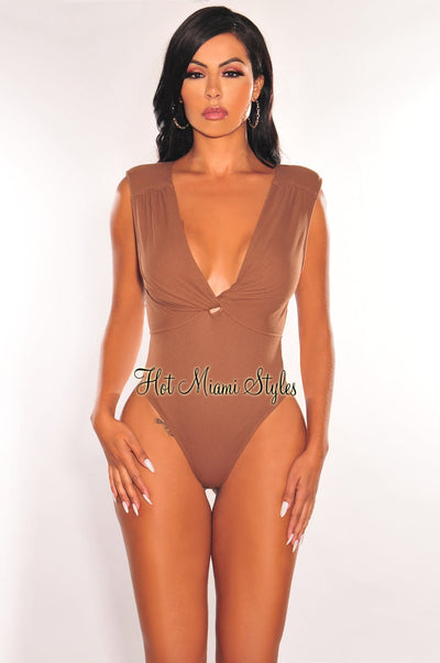 Mocha Ribbed Sleeveless V Neck Knotted Open Back Bodysuit - Hot Miami Styles