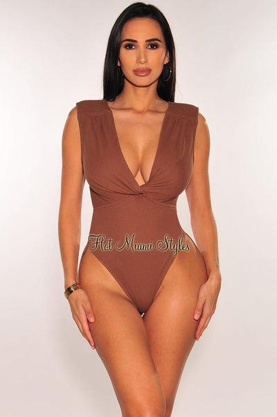 Mocha Ribbed Sleeveless V Neck Knotted Open Back Bodysuit - Hot Miami Styles