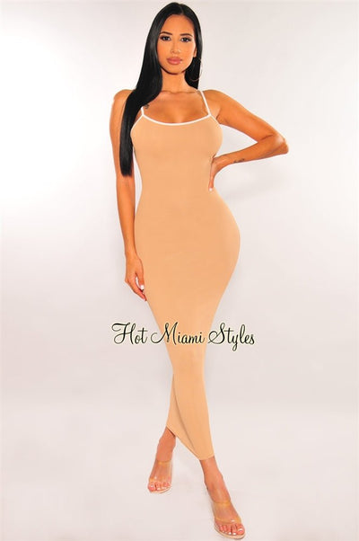 Mocha Ribbed Spaghetti Straps Midi Dress - Hot Miami Styles