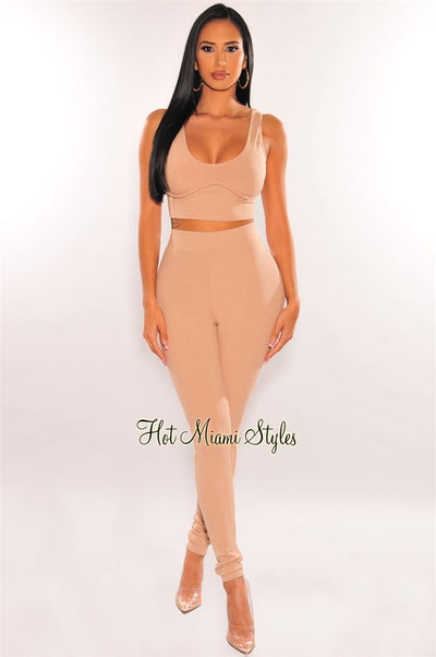 Mocha Ribbed Tank Bustier High Waist Pants Two Piece Set - Hot Miami Styles