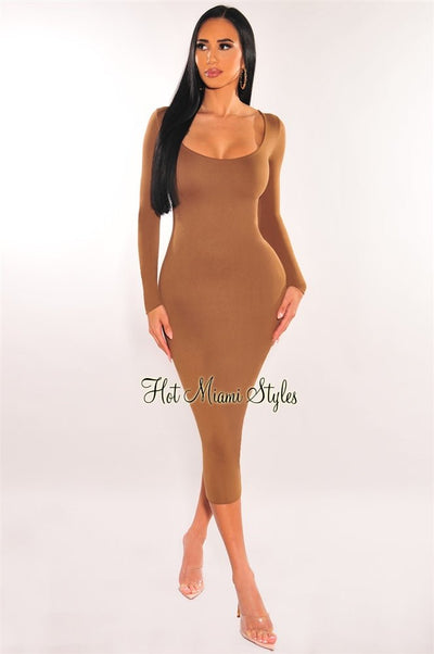 Mocha Round Neck Long Sleeve Midi Dress - Hot Miami Styles