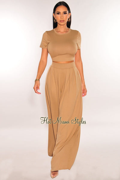 Mocha Short Sleeve Cropped High Waist Pleated Wide Leg Pants Two Piece Set - Hot Miami Styles