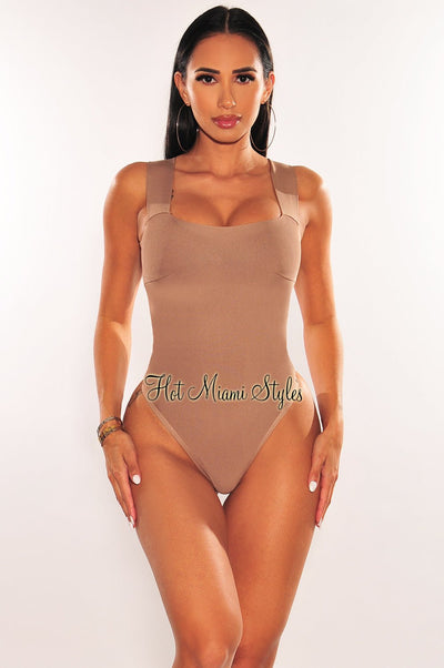 Mocha Square Neck Straps Bandage Bodysuit - Hot Miami Styles