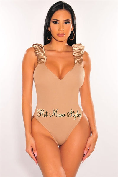 Mocha Sweetheart Satin Ruched Straps Sleeveless Bodysuit - Hot Miami Styles