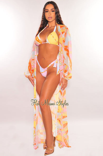 Multi Color Print Long Sleeve Maxi Cover Up - Hot Miami Styles