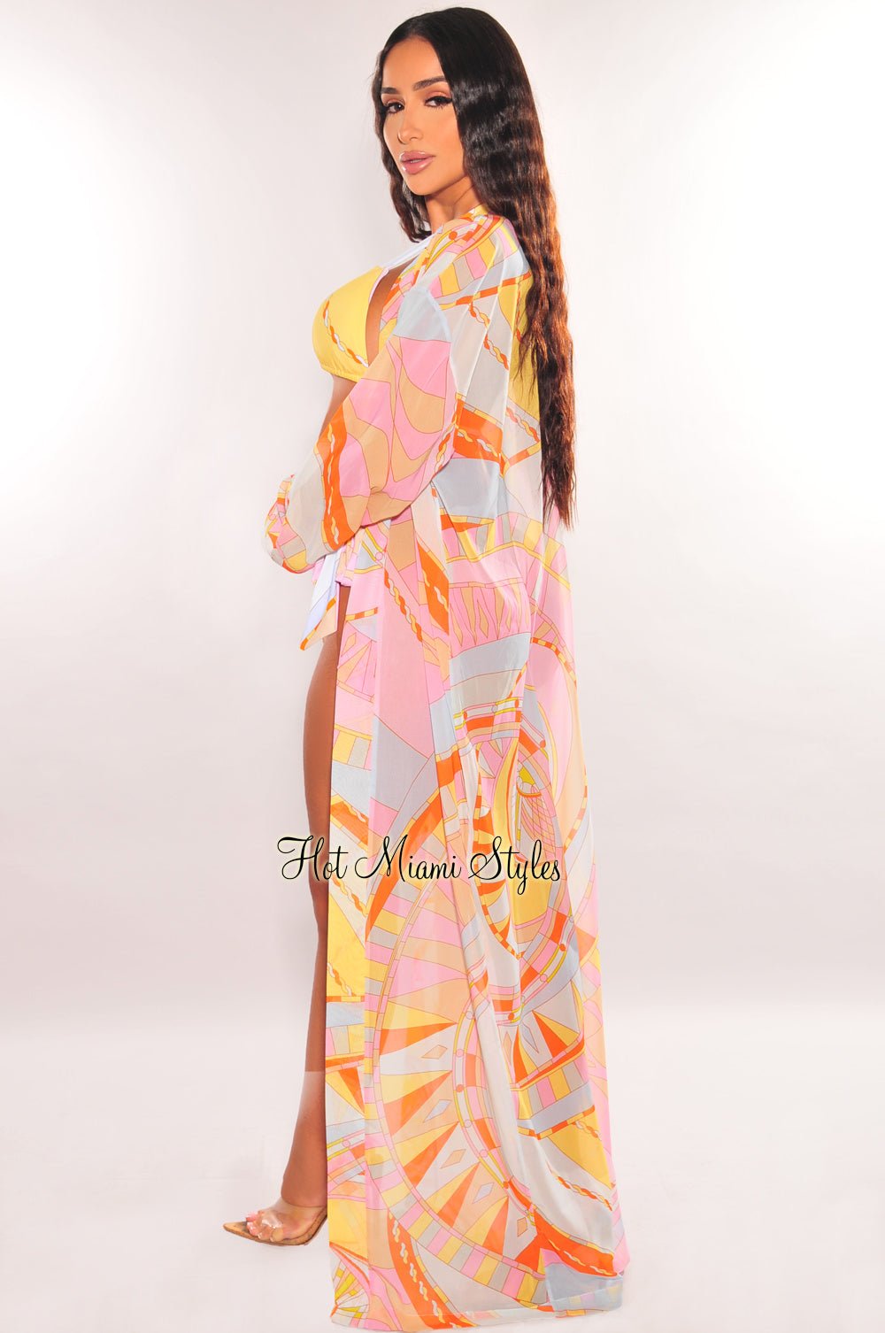 Multi Color Print Long Sleeve Maxi Cover Up - Hot Miami Styles