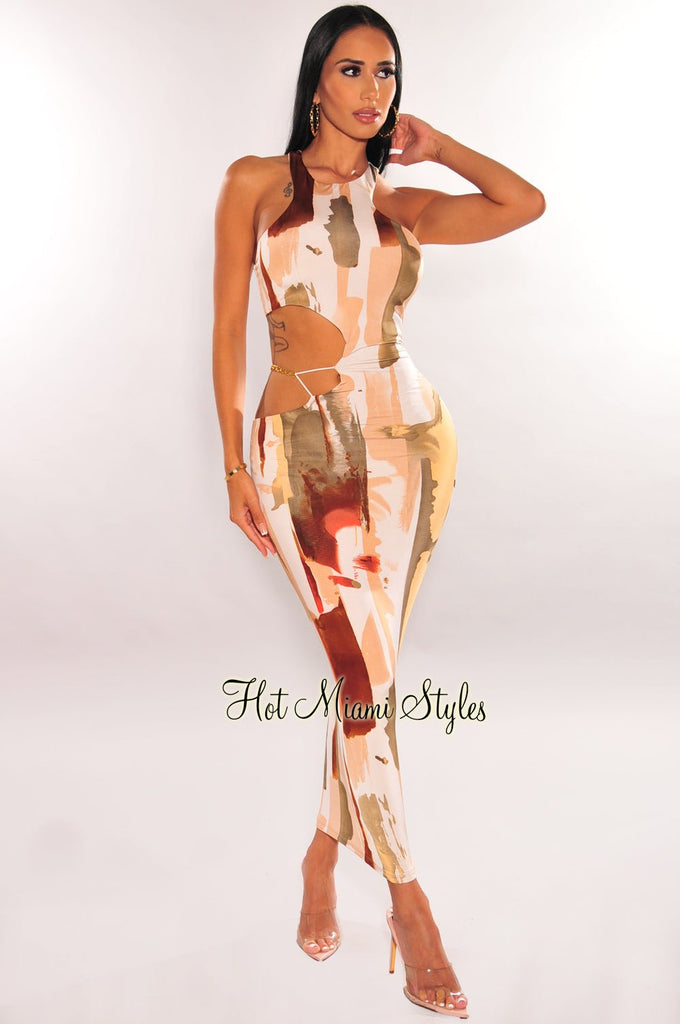 Black Sleeveless Gold Chain Cut Out Midi Dress – Hot Miami Styles
