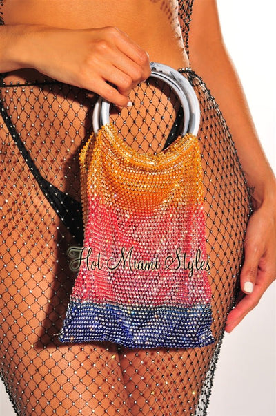 Multi Color Rhinestone Fishnet Round Handle Handbag - Hot Miami Styles