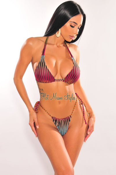 Multi Color Ribbed Padded Triangle Top Tie Up Bikini - Hot Miami Styles