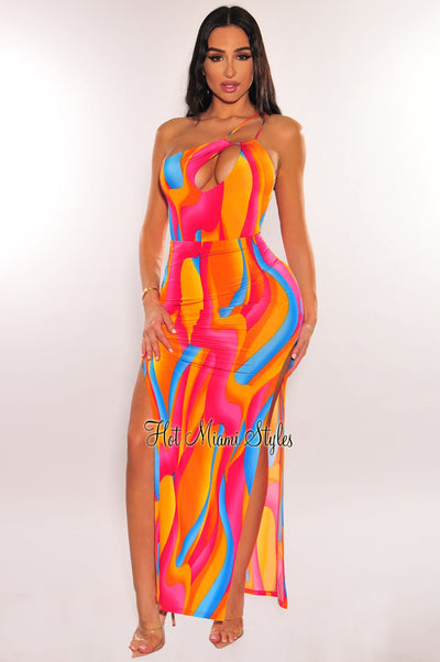 Multi Color Swirl Print One Shoulder Drawstring Bodysuit Double Slit Skirt Two Piece Set - Hot Miami Styles
