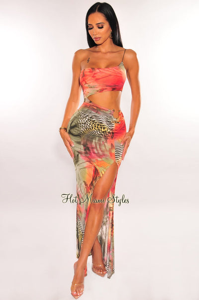 Multicolor Print One Shoulder Cut Out O-Ring Slit Maxi Dress - Hot Miami Styles