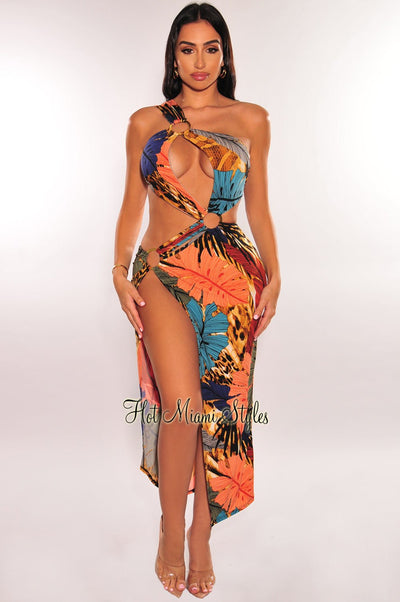 Multicolor Tropical Print One Shoulder O-Ring Cut Out Slit Dress - Hot Miami Styles
