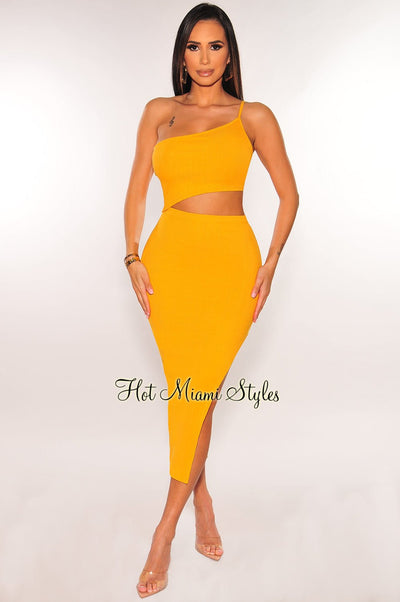 Mustard Ribbed Knit One Shoulder Cut Out Slit Dress - Hot Miami Styles