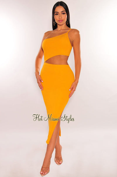 Mustard Ribbed Knit One Shoulder Cut Out Slit Dress - Hot Miami Styles