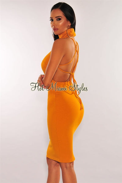 Mustard Ribbed Knit Turtleneck Lace Up Back Dress - Hot Miami Styles