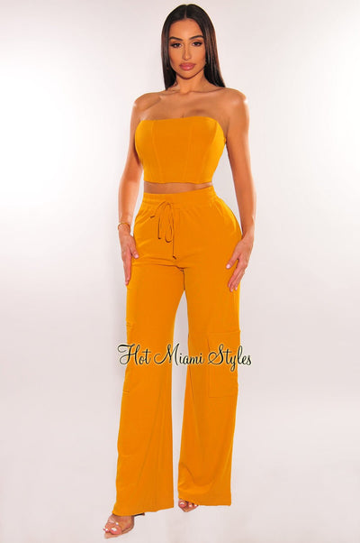 Mustard Ribbed Strapless Boned Corset Wide Leg Cargo Pant Two Piece Set - Hot Miami Styles