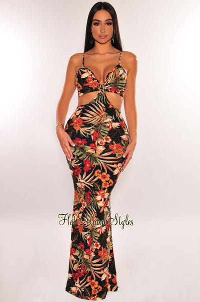 Navy Multi Color Tropical Print Spaghetti Straps Cut Out Maxi Dress - Hot Miami Styles
