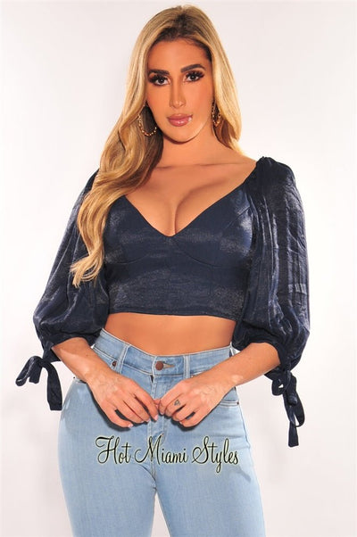 Navy Padded Long Sleeve Cut Out Tie Up Back Bustier Crop Top - Hot Miami Styles