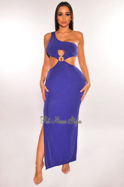 Navy Shimmery One Shoulder O-Ring Cut Out Slit Maxi Dress - Hot Miami Styles