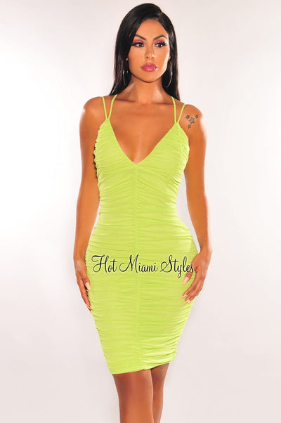 Neon Lime Mesh Spaghetti Straps Ruched Mini Dress - Hot Miami Styles