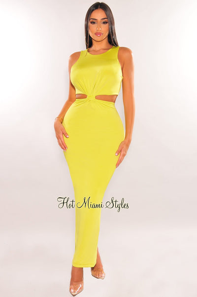 Neon Lime Sleeveless Knotted Cut Out Maxi Dress - Hot Miami Styles