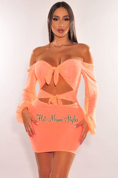 Neon Orange Mesh Tie Up Cut Out Long Sleeve Dress - Hot Miami Styles