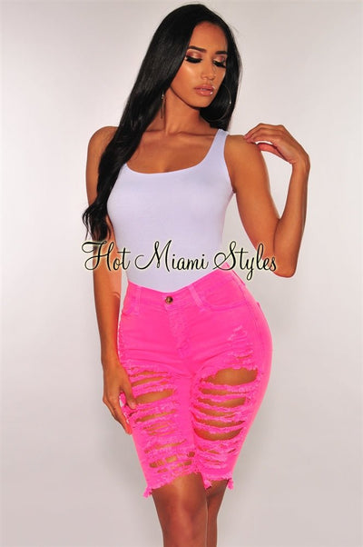 Neon Pink Denim Ripped Destroyed High Waist Bermuda Shorts - Hot Miami Styles